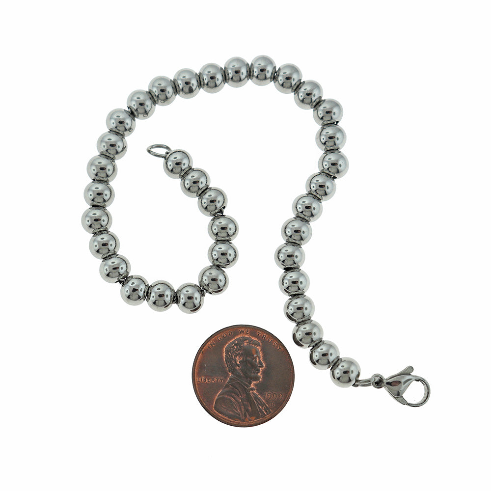 Stainless Steel Cable Chain Bracelet With Spacer Beads 8" - 6mm - 1 Bracelet - N647