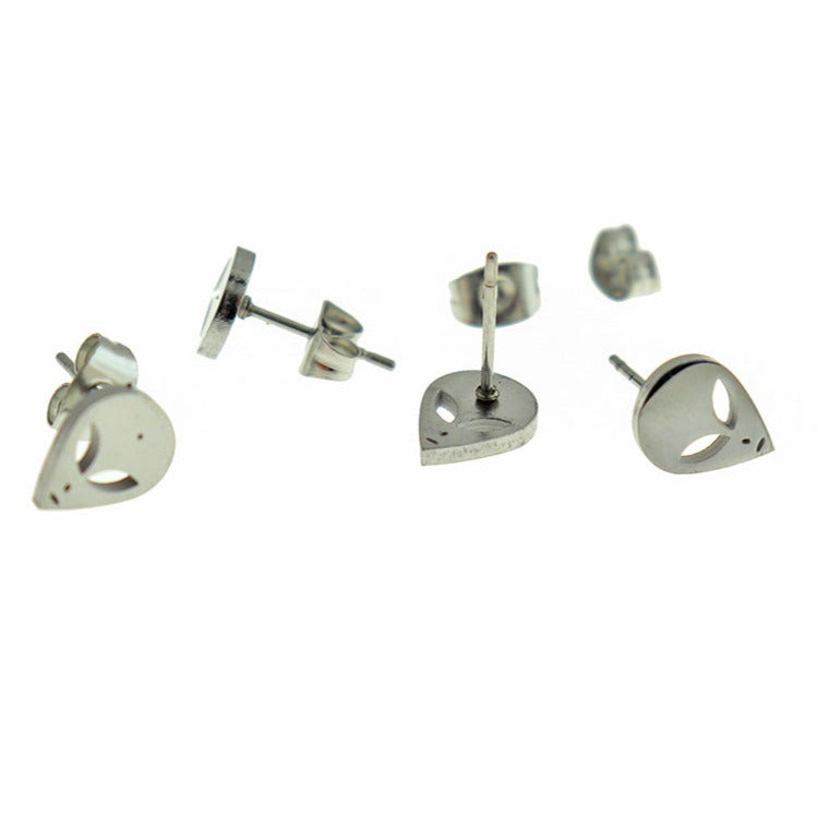 Stainless Steel Earrings - Alien Studs - 10mm x 8mm - 1 Pair - Choose Your Tone!