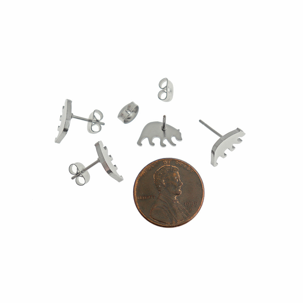 Stainless Steel Earrings - Bear Studs - 13mm x 7mm - 1 Pair - Choose Your Tone!