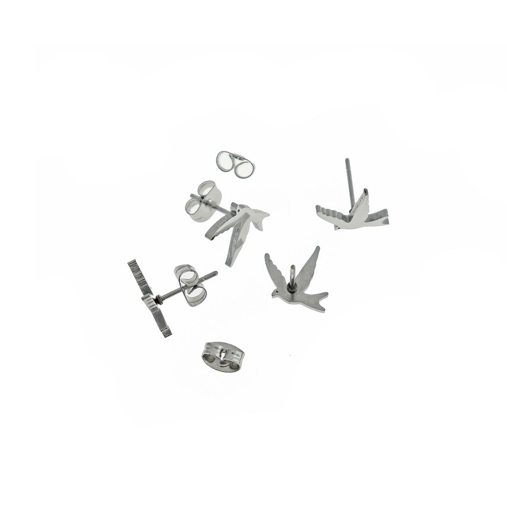 Stainless Steel Earrings - Bird Studs - 13mm x 11mm - 1 Pair - Choose Your Tone!