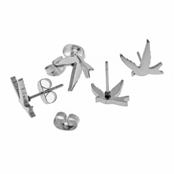 Stainless Steel Earrings - Bird Studs - 13mm x 11mm - 1 Pair - Choose Your Tone!