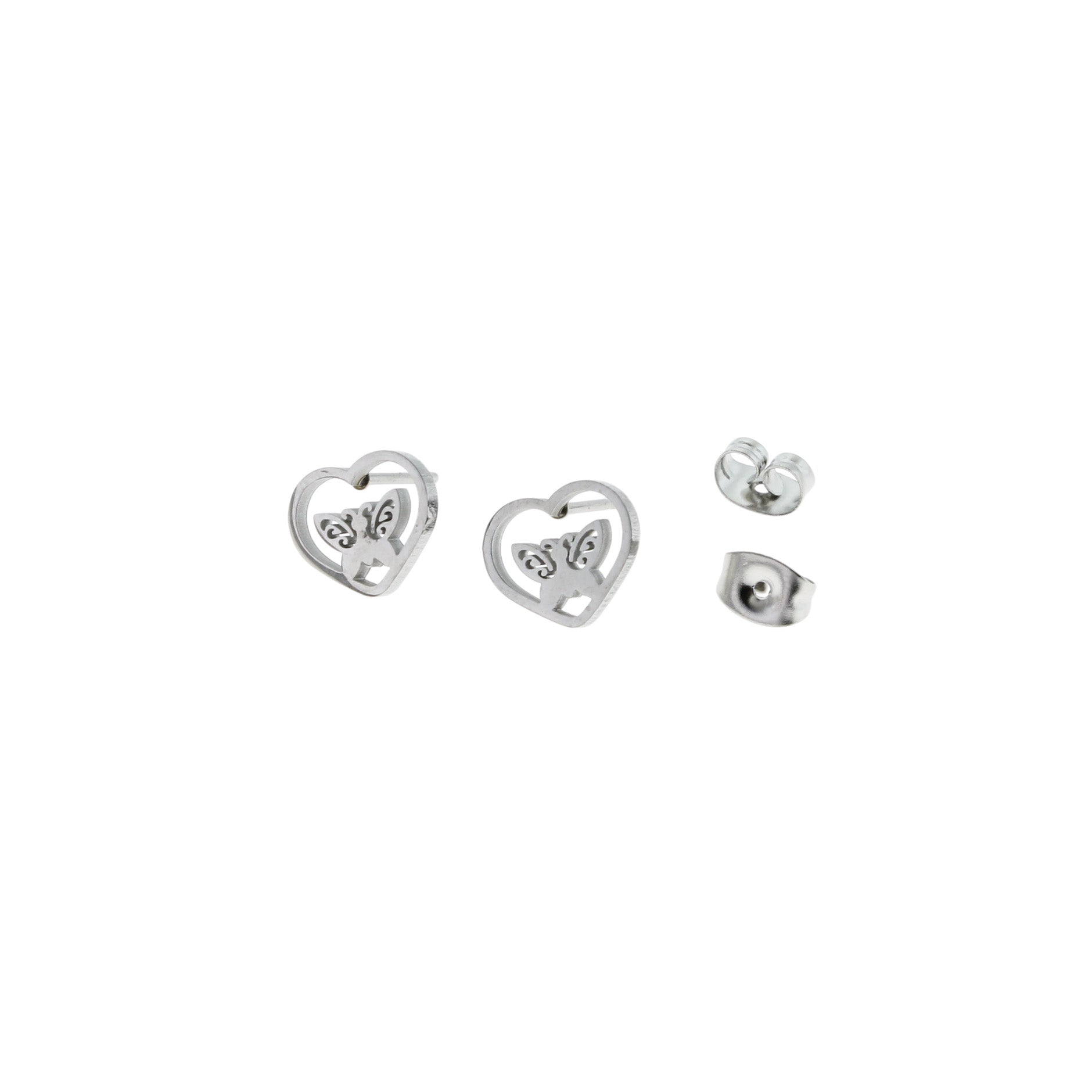Boucles d'Oreilles Acier Inoxydable - Clous Coeur Papillon - 10mm x 8mm - 2 Pièces 1 Paire - ER043