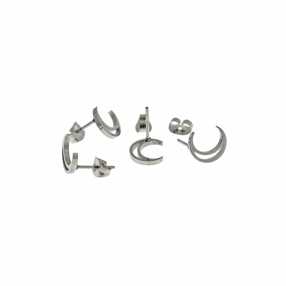 Stainless Steel Earrings - Crescent Moon Outline Studs - 10mm x 8mm - 1 Pair - Choose Your Tone!