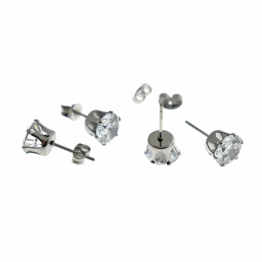 Stainless Steel Earrings - Cubic Zirconia Studs - 1 Pair - Choose Your Size!