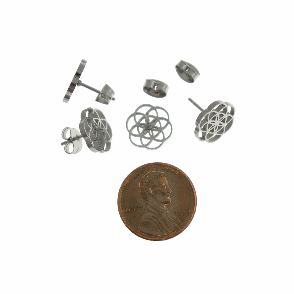 Stainless Steel Earrings - Flower of Life Studs - 11mm - 1 Pair - Choose Your Tone!