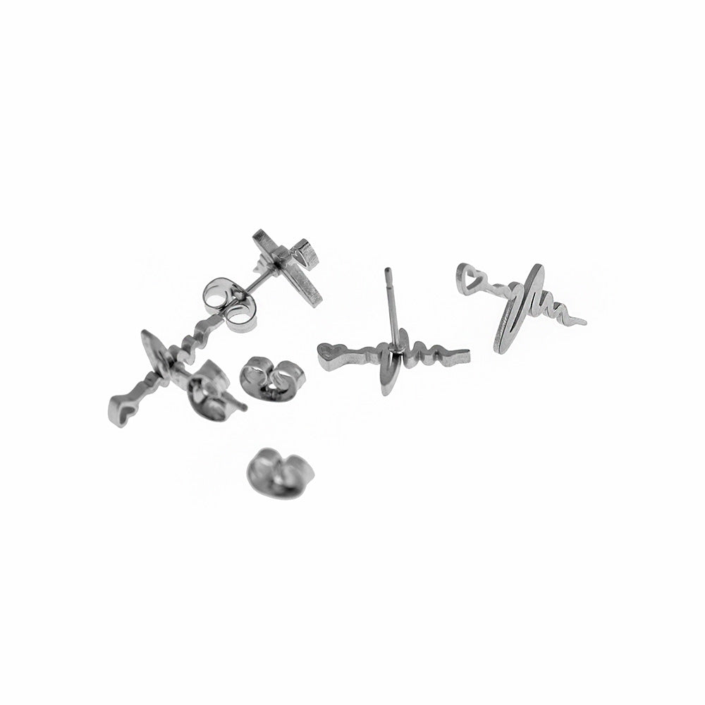 Stainless Steel Earrings - Heartbeat Studs - 15mm x 10mm - 2 Pieces 1 Pair - ER466