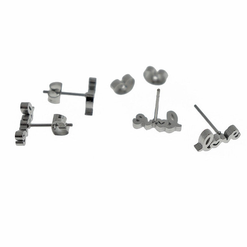 Stainless Steel Earrings - Love Studs - 12mm x 5.5mm - 1 Pair - Choose Your Tone!