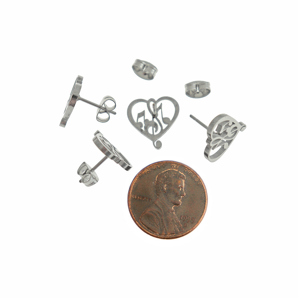 Stainless Steel Earrings - Music Note Heart Studs - 13mm - 1 Pair - Choose Your Tone!
