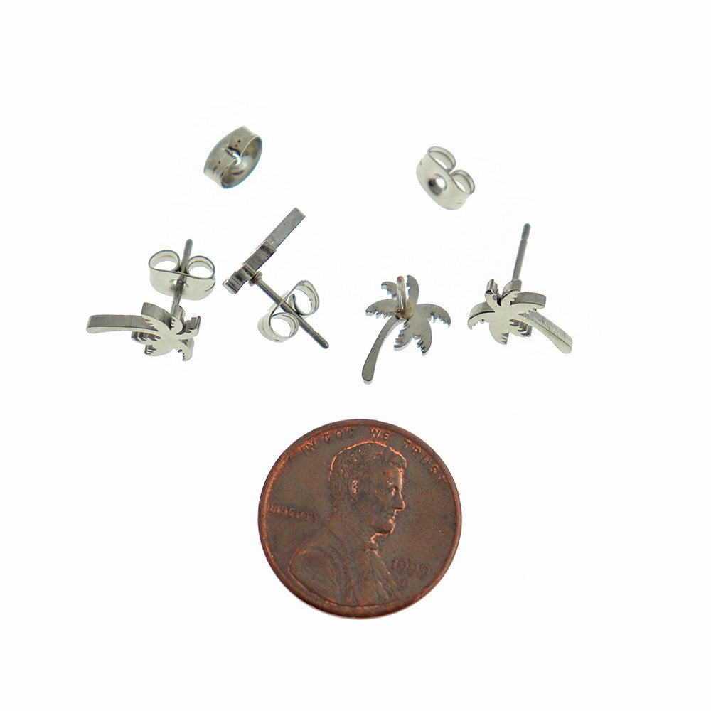 Stainless Steel Earrings - Palm Tree Studs - 11mm x 8mm - 1 Pair - Choose Your Tone!