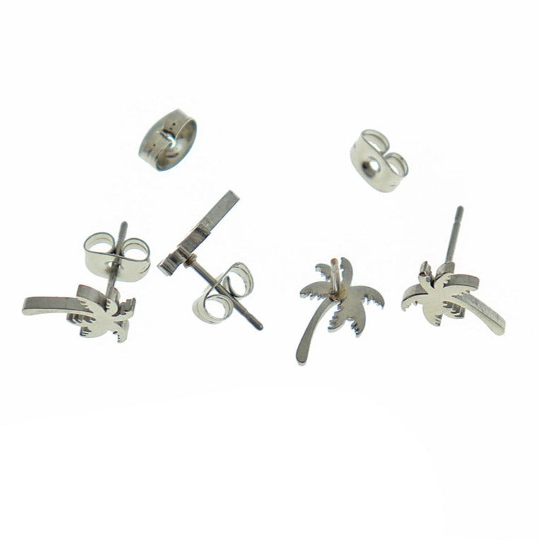Stainless Steel Earrings - Palm Tree Studs - 11mm x 8mm - 1 Pair - Choose Your Tone!