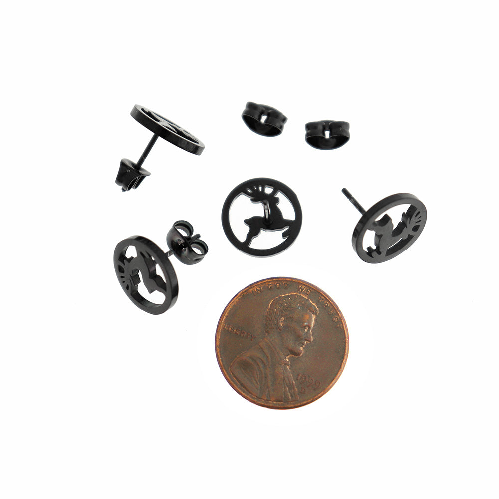 Stainless Steel Earrings - Reindeer Studs - 12mm - 1 Pair - Choose Your Tone!