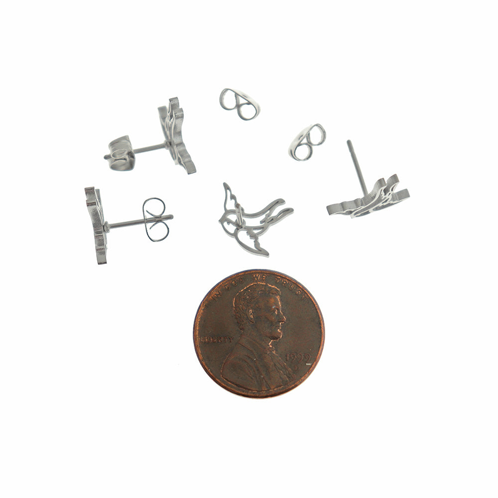 Stainless Steel Earrings - Swallow Studs - 13mm x 11mm - 1 Pair - Choose Your Tone!