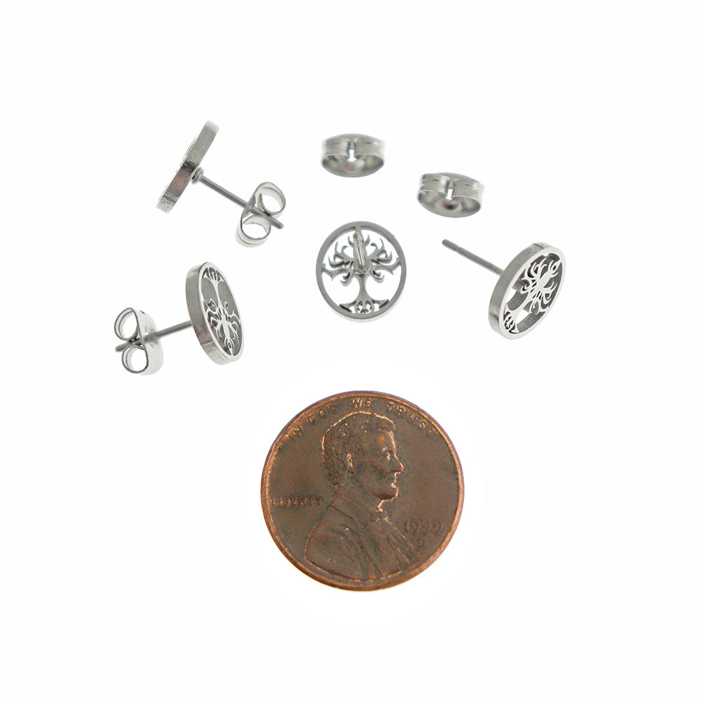 Boucles d'Oreilles Acier Inoxydable - Clous Arbre de Vie - 10mm x 9mm - 2 Pièces 1 Paire - ER873