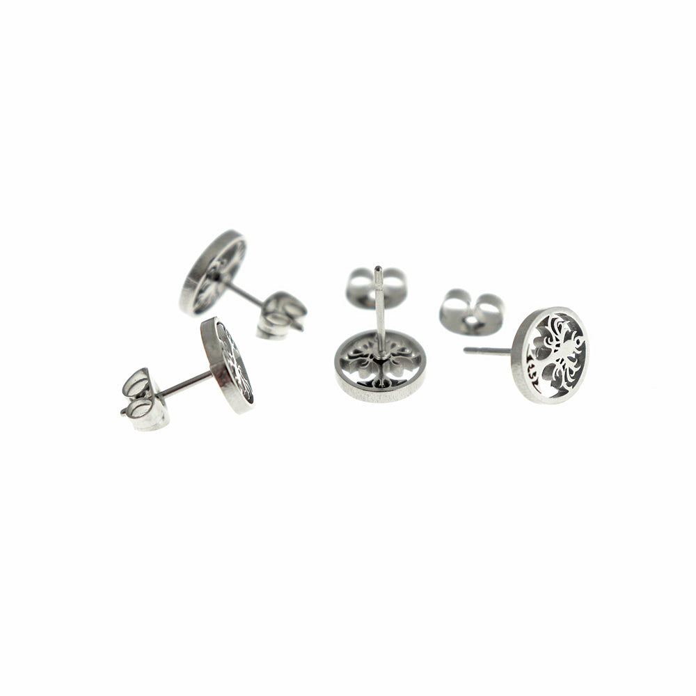 Boucles d'Oreilles Acier Inoxydable - Clous Arbre de Vie - 10mm x 9mm - 2 Pièces 1 Paire - ER873