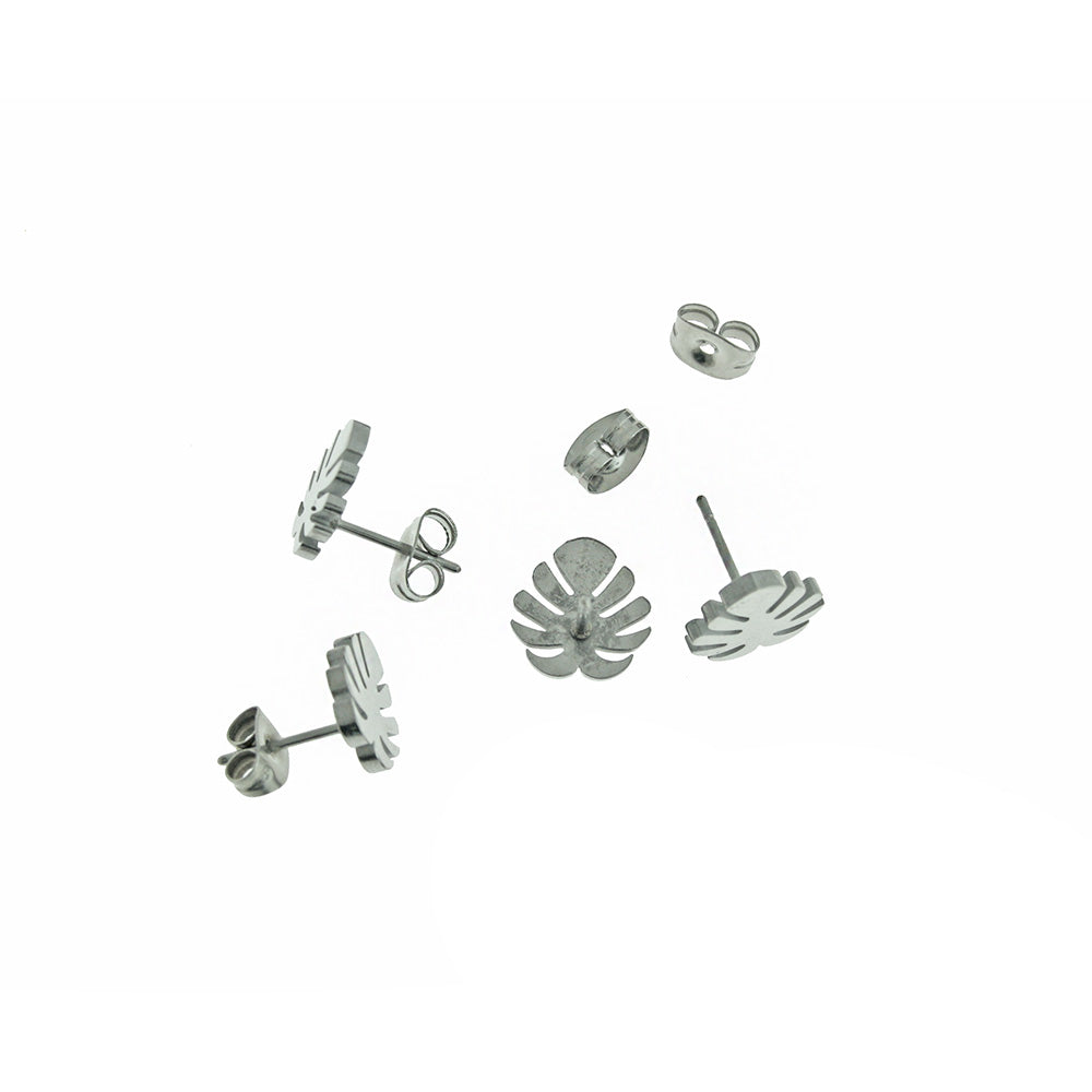 Stainless Steel Earrings - Tropical Leaf Studs - 8mm - 1 Pair - Choose Your Tone!