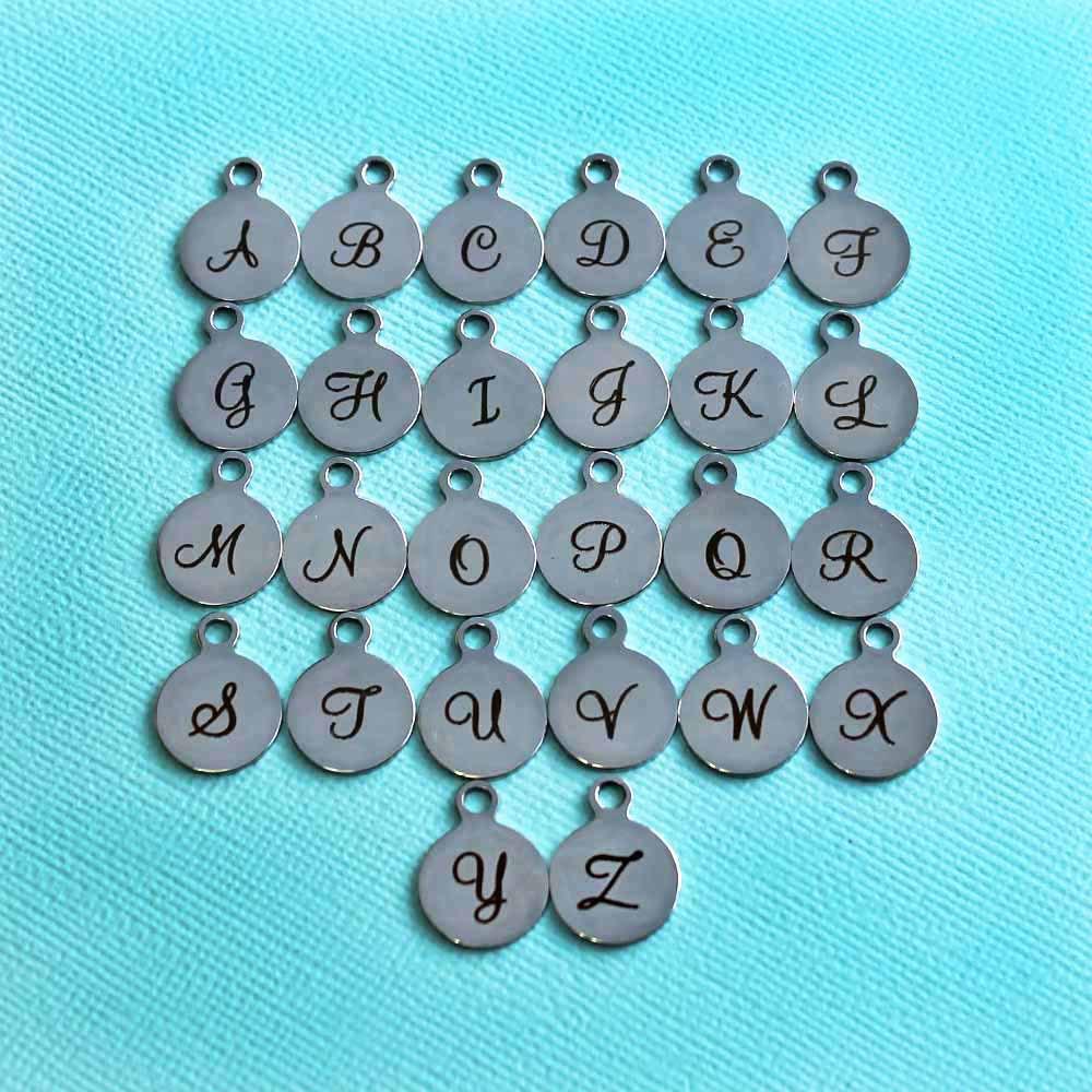 Stainless Steel Letter Charms - Full Alphabet 26 Letters - Uppercase Script Alphabet - 13mm With Loop - ALPHA1500BFS