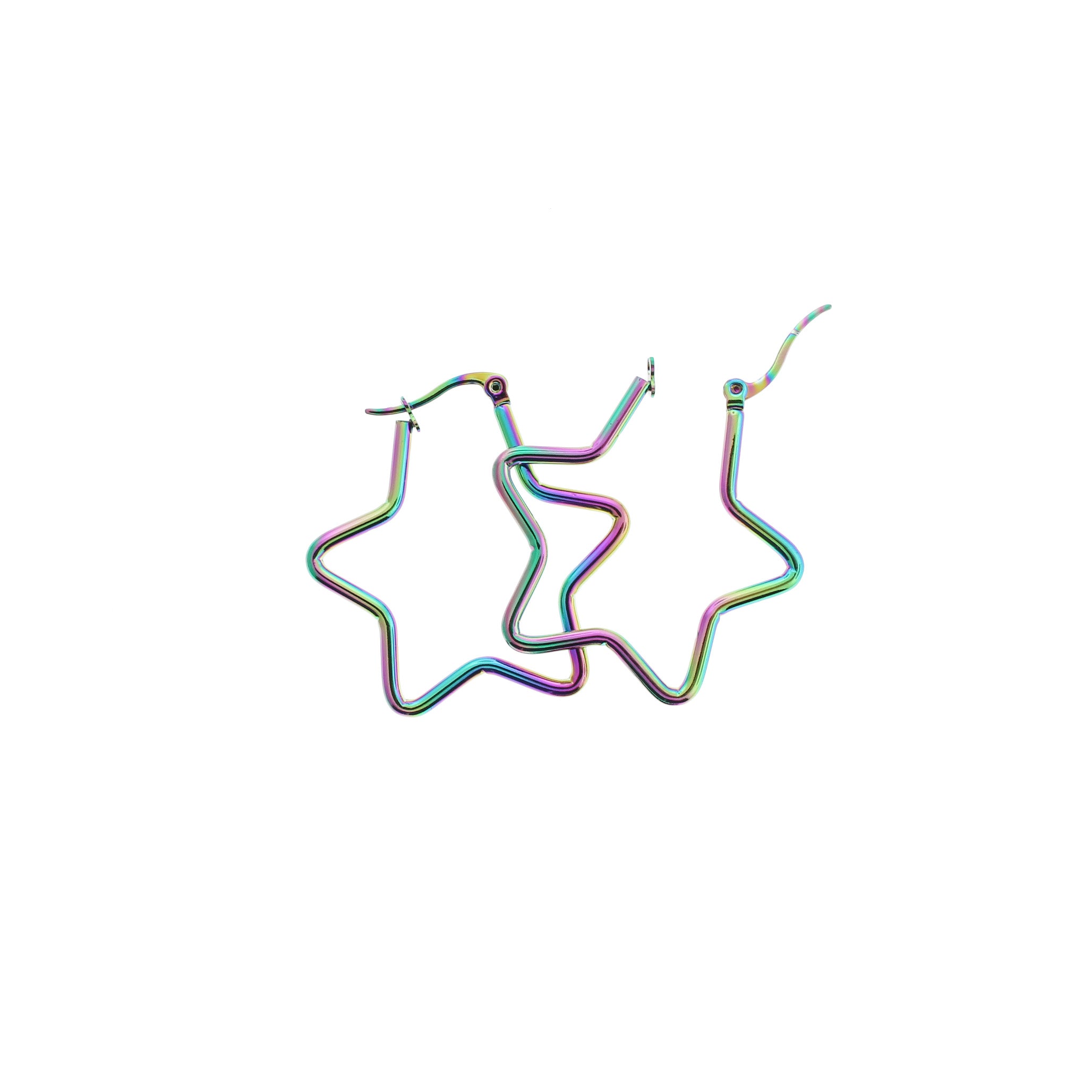 Star Hoop Earrings - Rainbow Electroplated Stainless Steel - Lever Back 36mm - 2 Pieces 1 Pair - Z156