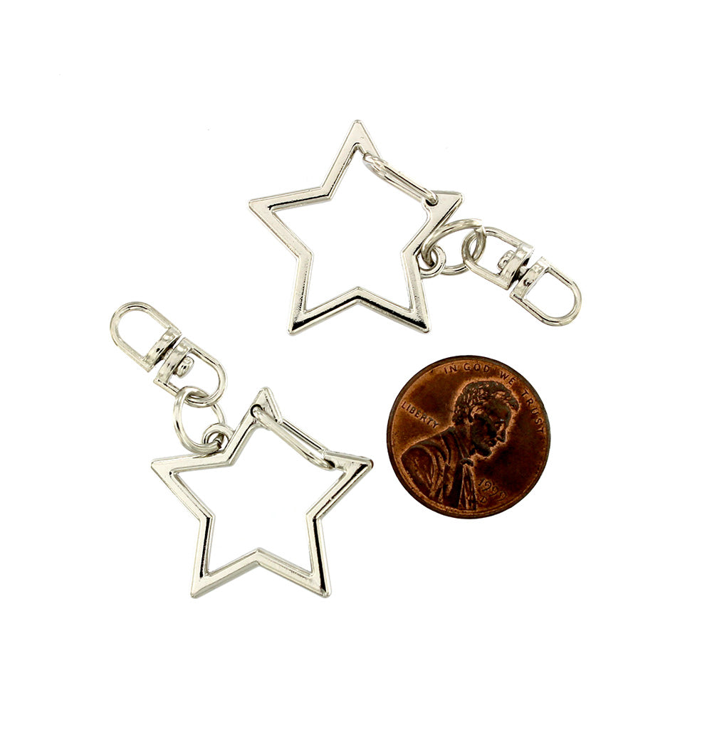 Star Shaped Silver Tone Key Rings with Attached Swivel Clasp - 49mm - 4 Pieces - Z1055