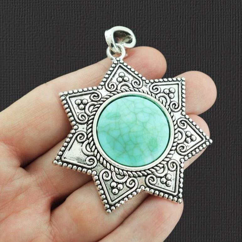 Sun Antique Silver Tone Charm With Imitation Turquoise - SC2529