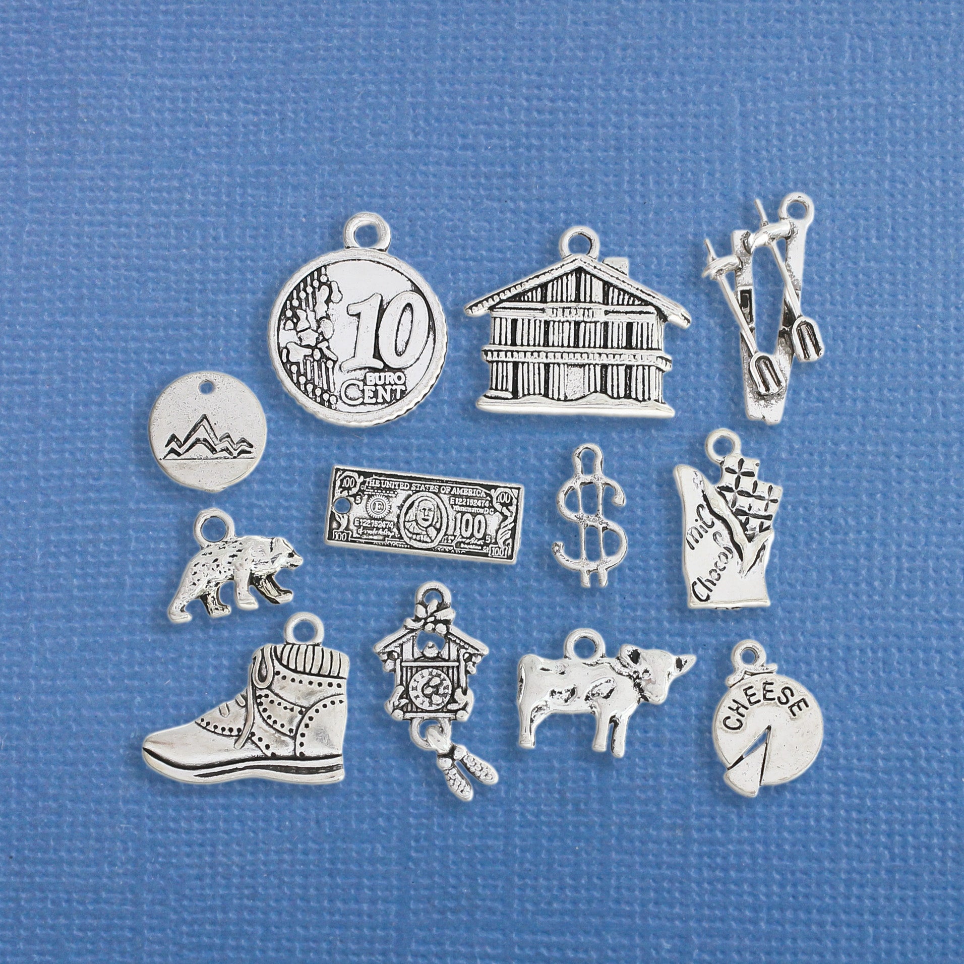 Switzerland Charm Collection Antique Silver Tone 12 Different Charms - COL199