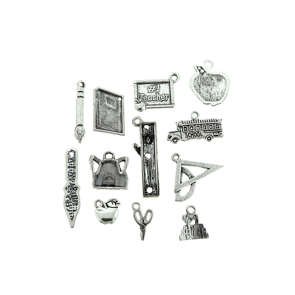 Teacher Charm Collection Antique Silver Tone 12 Different Charms - COL338