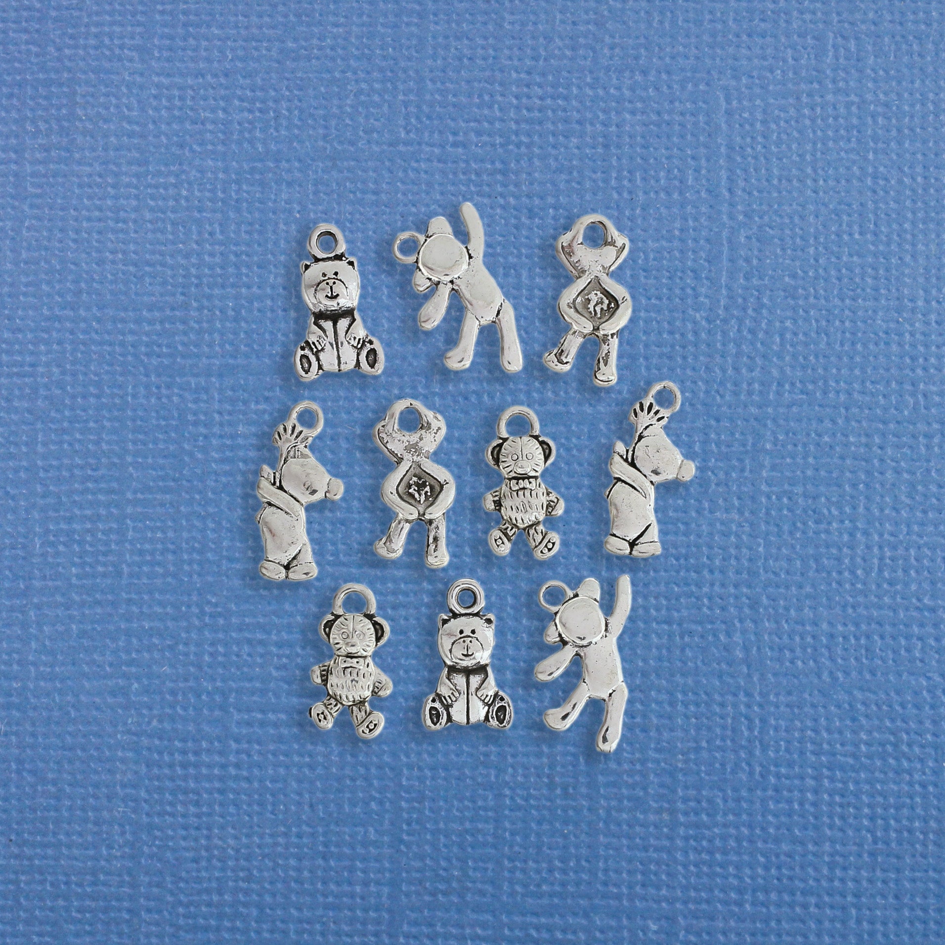 Teddy Bear Charm Collection Antique Silver Tone 10 Charms - COL207