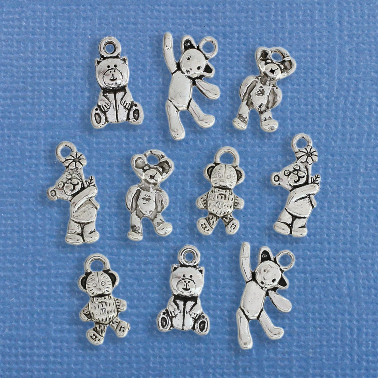 Teddy Bear Charm Collection Antique Silver Tone 10 Charms - COL207