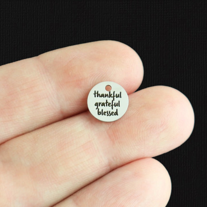 Thankful Grateful Blessed Stainless Steel 10mm Round Charms - BFS005-7992