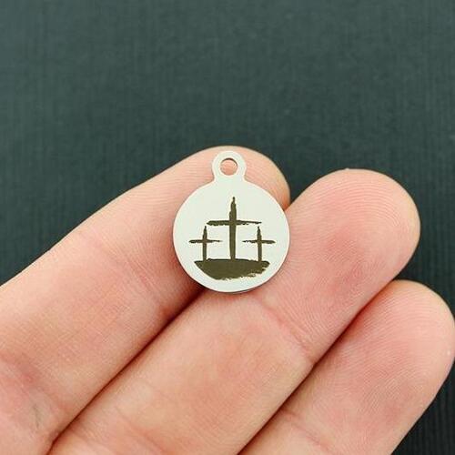 Three Crosses Stainless Steel Small Round Charms - BFS002-4530