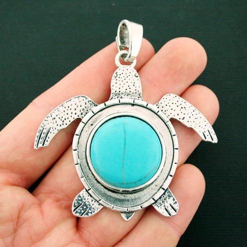 Turtle Antique Silver Tone Charm With Imitation Turquoise - SC6689