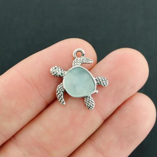 Turtle Antique Silver Tone Charm With Inset Grey Seaglass - SC2032