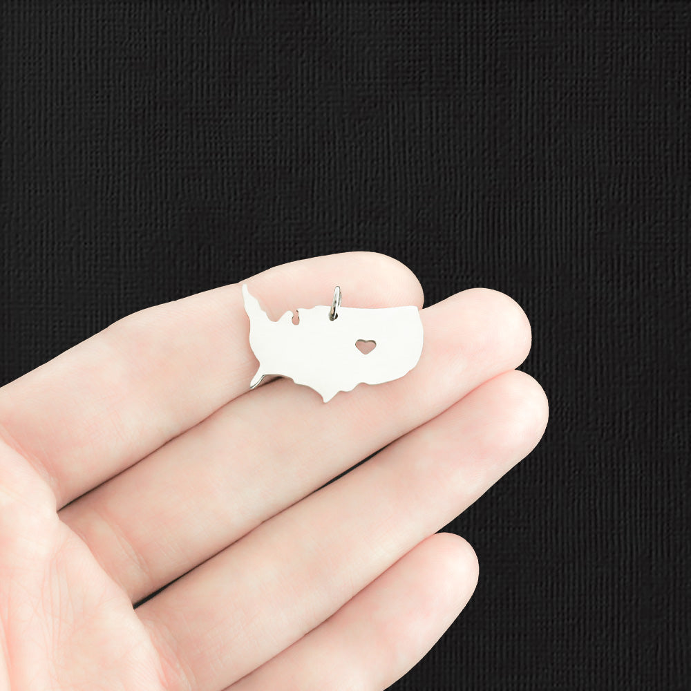 USA Map Silver Tone Stainless Steel Charms 2 Sided with Attached Jump Ring - FD575