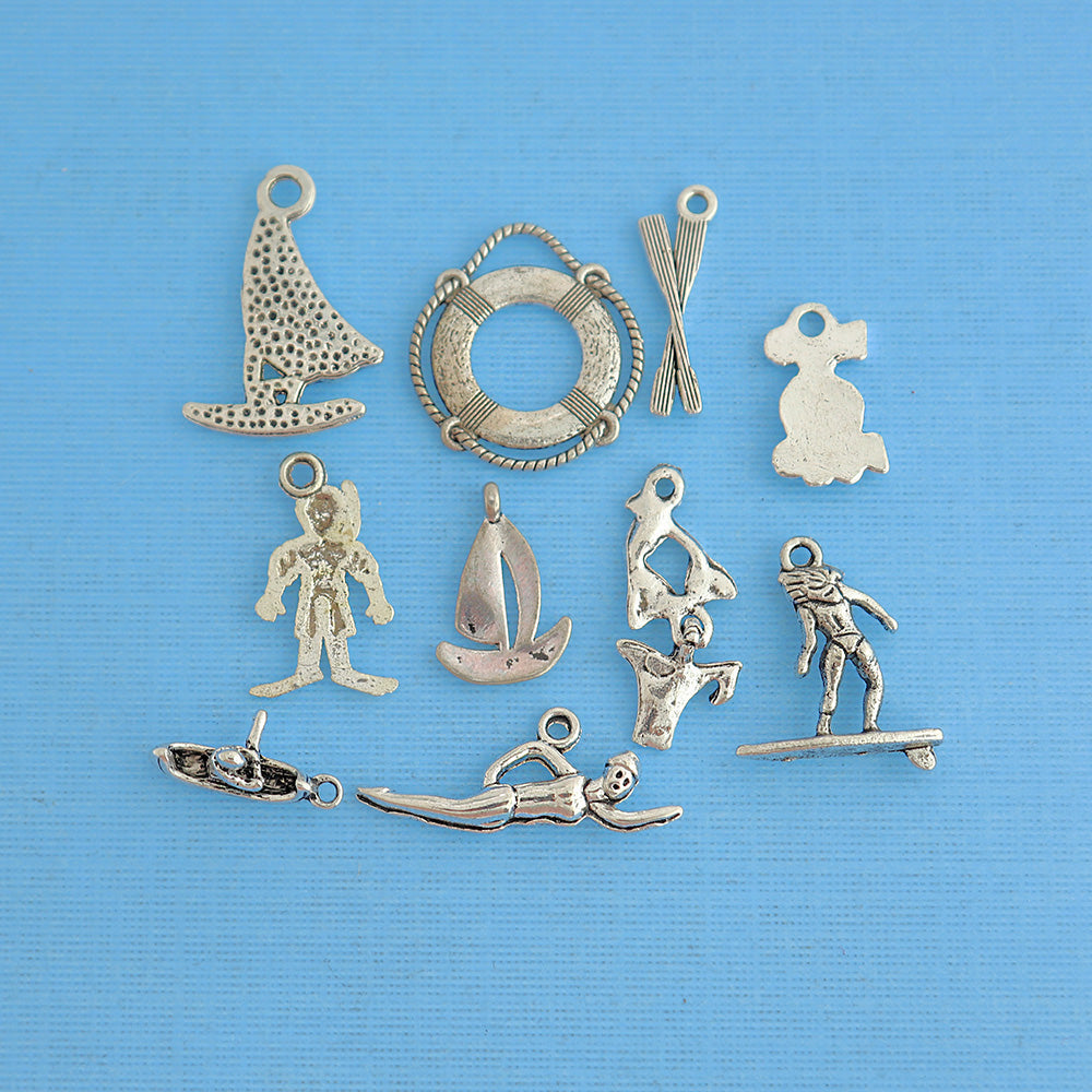 Water Sports Charm Collection Antique Silver Tone 10 Different Charms - COL103