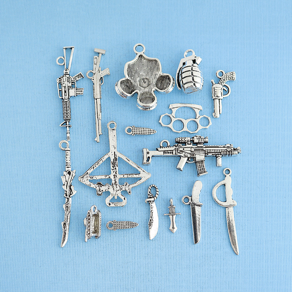 Weapons Charm Collection Antique Silver Tone 16 Charms - COL345