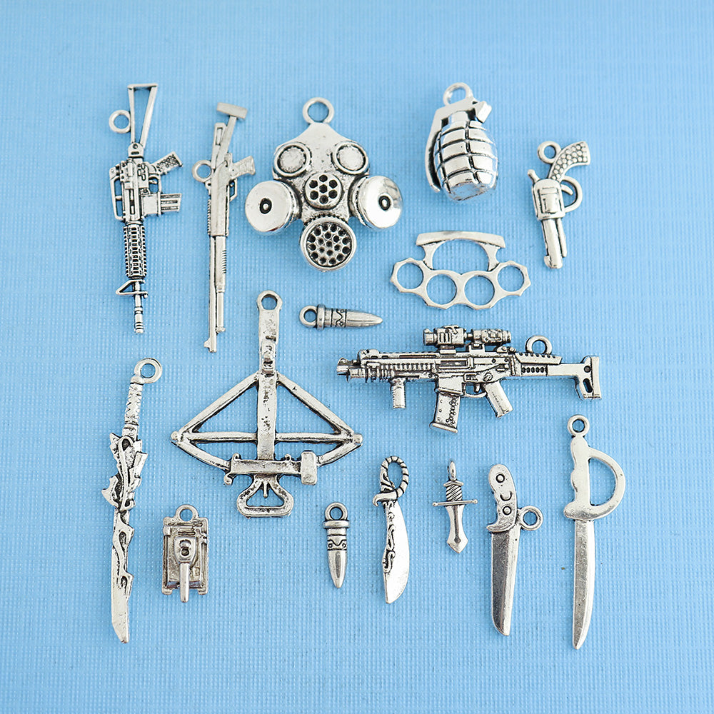 Weapons Charm Collection Antique Silver Tone 16 Charms - COL345