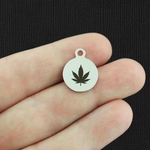 Weed Leaf Stainless Steel Small Round Charms - BFS002-5666