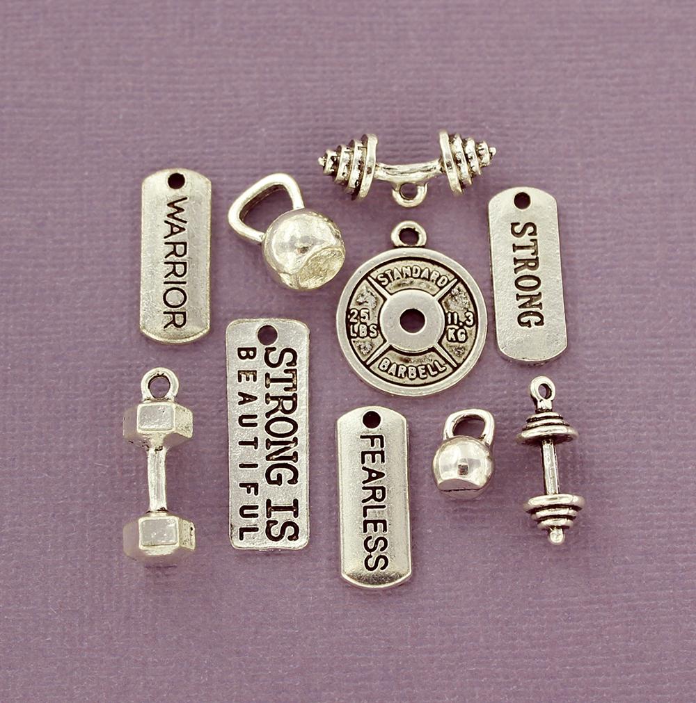 Collection de breloques de musculation ton argent antique 10 breloques - COL335