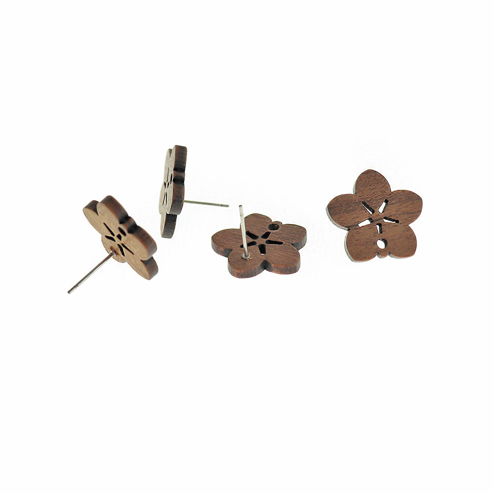Wood Stainless Steel Earrings - Flower Studs - 18mm x 17mm - 2 Pieces 1 Pair - ER772