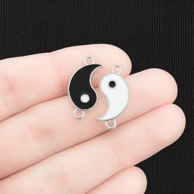 Yin Yang Connector Silver Tone Enamel Charms - 4 Pieces 2 Sets - E1489