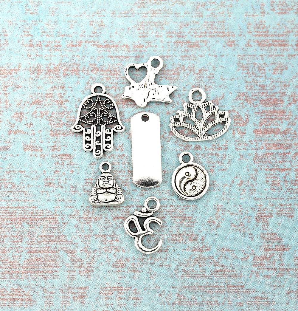 Yoga Charm Collection Antique Silver Tone 7 Different Charms - COL126
