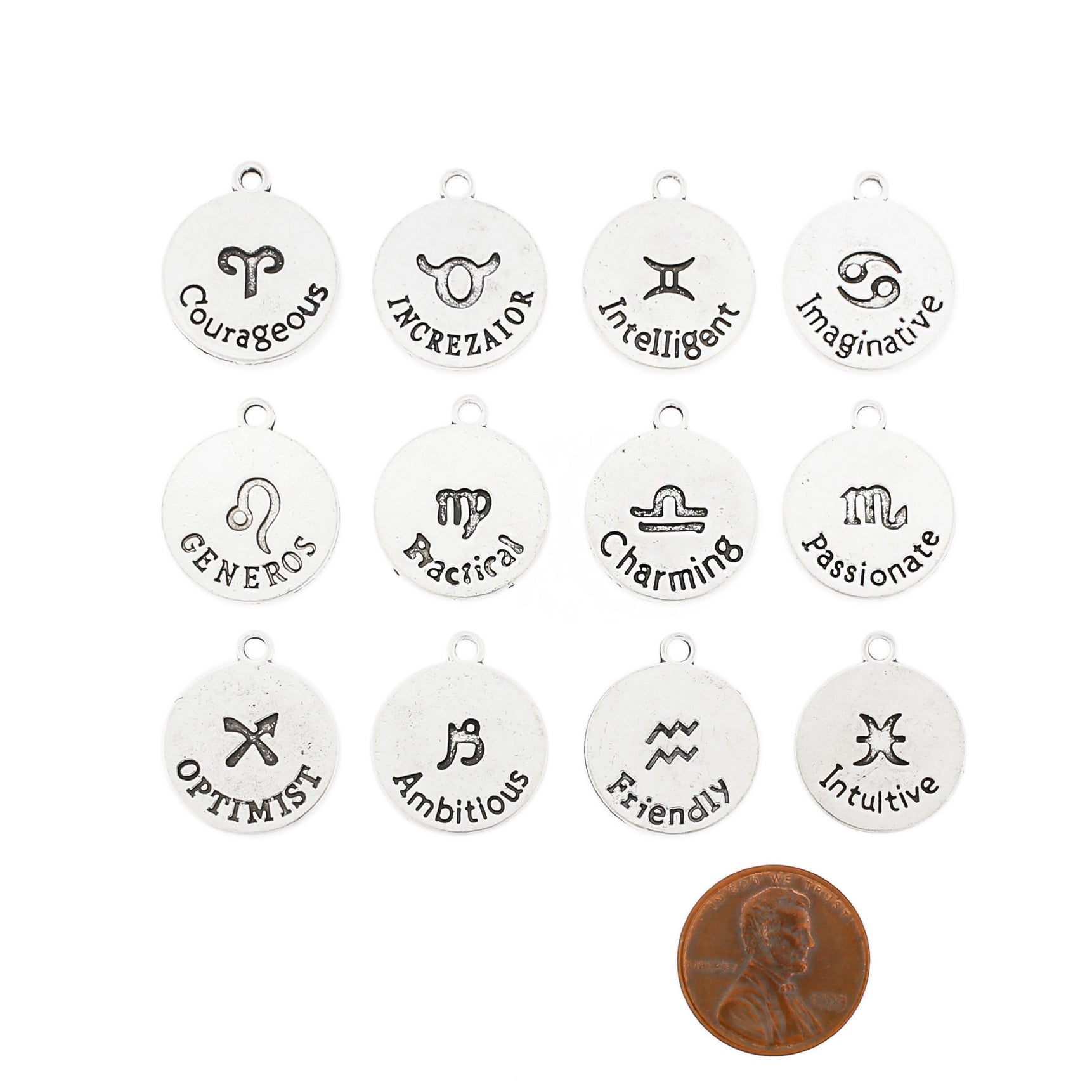 Zodiac Antique Silver Tone Charms 2 Sided - 1 Set 12 Pieces - SC7002