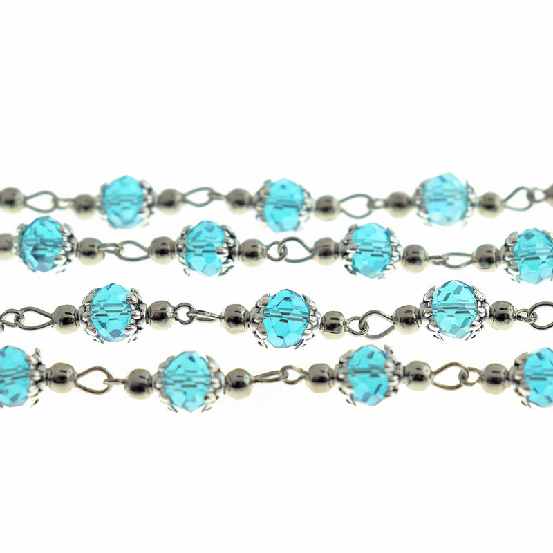 BULK Beaded Rosary Chain - 8mm Rondelle Blue Glass & Silver Tone - 3.3ft or 1m - RC051