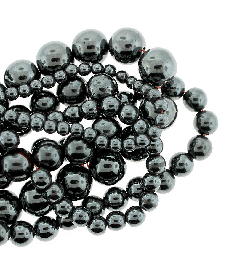 Round Synthetic Hematite Beads 4mm - 12mm - Choose Your Size - Black - 1 Full 15" Strand - BD1842