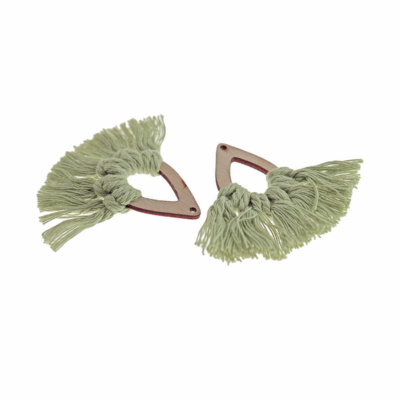 Fan Tassels - Natural Wood and Green - 2 Pieces - TSP304