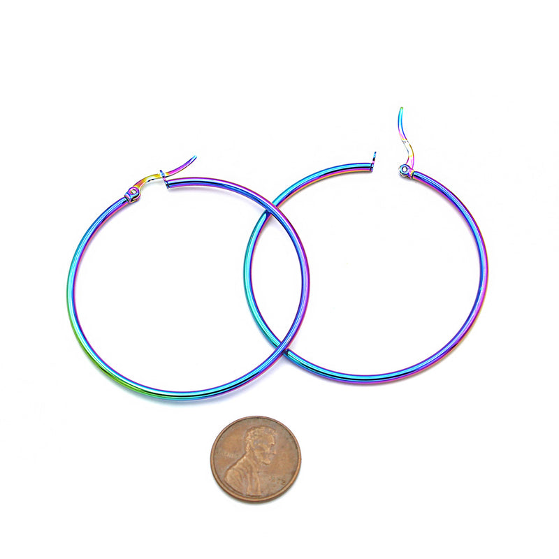 Hoop Earrings - Rainbow Electroplated Stainless Steel - Lever Back 54mm - 2 Pieces 1 Pair - Z1682