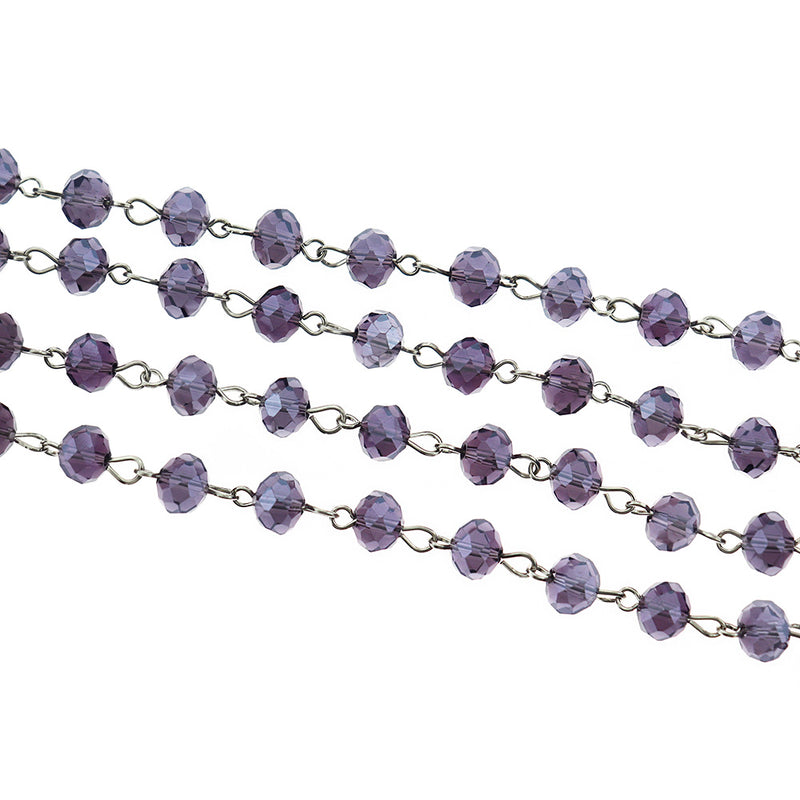 BULK Beaded Rosary Chain - 8mm Rondelle Purple Glass & Silver Tone - 3.3ft or 1m - RC040