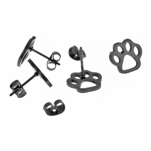 Gunmetal Black Stainless Steel Earrings - Paw Print Studs - 12mm x 11mm - 2 Pieces 1 Pair - ER444
