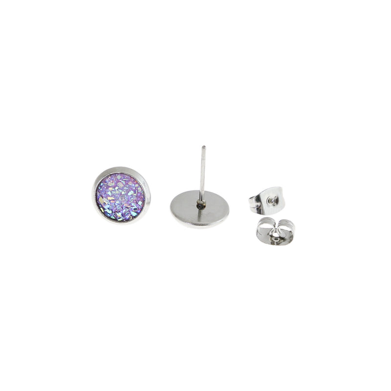 Purple Druzy Earrings - Stainless Steel Stud - 8mm - 2 Pieces 1 Pair - ER174
