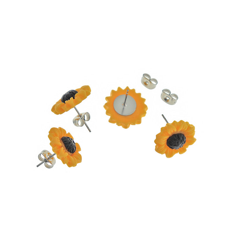 Stainless Steel Earrings - Sunflower Resin Studs - 15mm - 2 Pieces 1 Pair - ER505