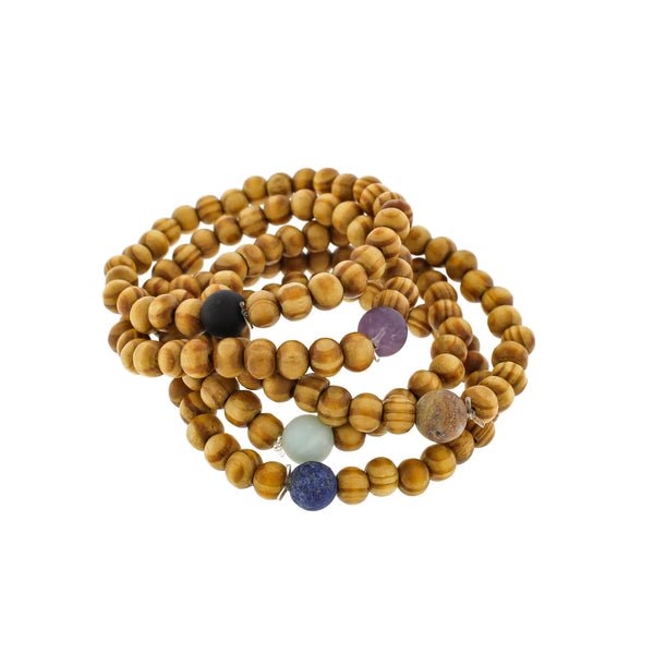 Round Wooden Bead Bracelets 50mm - Brown with Gemstone Accent Bead - 4 Bracelets - BB178